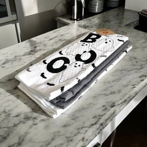 Martha Stewart Set Of 3 Kitchen Towels Halloween BOO GHOSTS 100% Cotton NWT